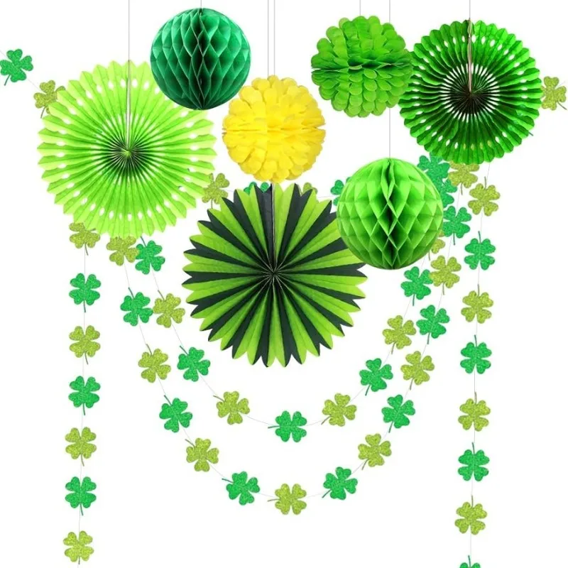 

9Pcs Green Spring Party Decor Shamrock Clover Garlands Paper Fan Tissue Pompoms Baby Shower St Patricks Day Birthday Party Decor