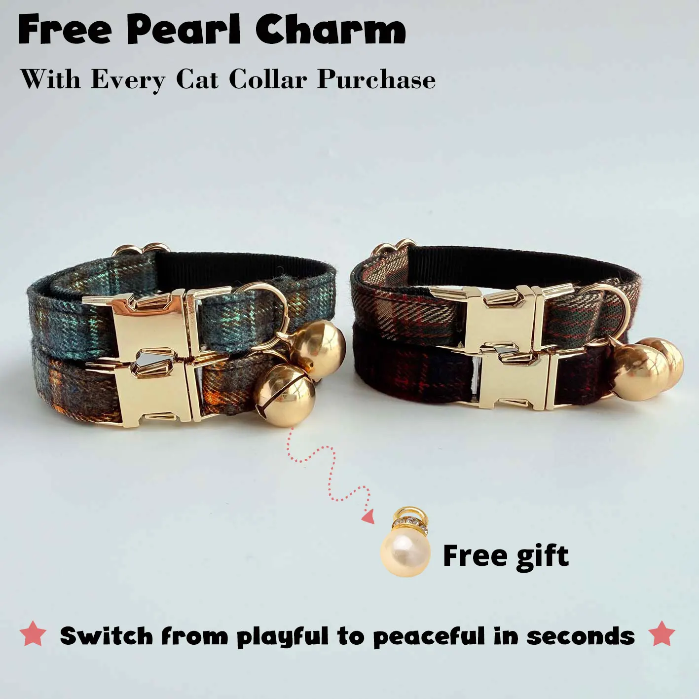 Personalized Pet name Elegant Tweed Check Cat Collar-Detachable Bell with Pearl Charm