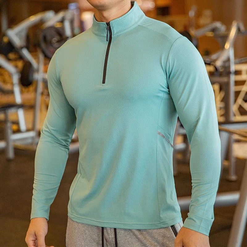 

Sport Long Sleeve Shirts For Man Skinny Quick Dry Sports T-shirt Men Fitness Running Tops with Zipper Breathable Sportwear Green