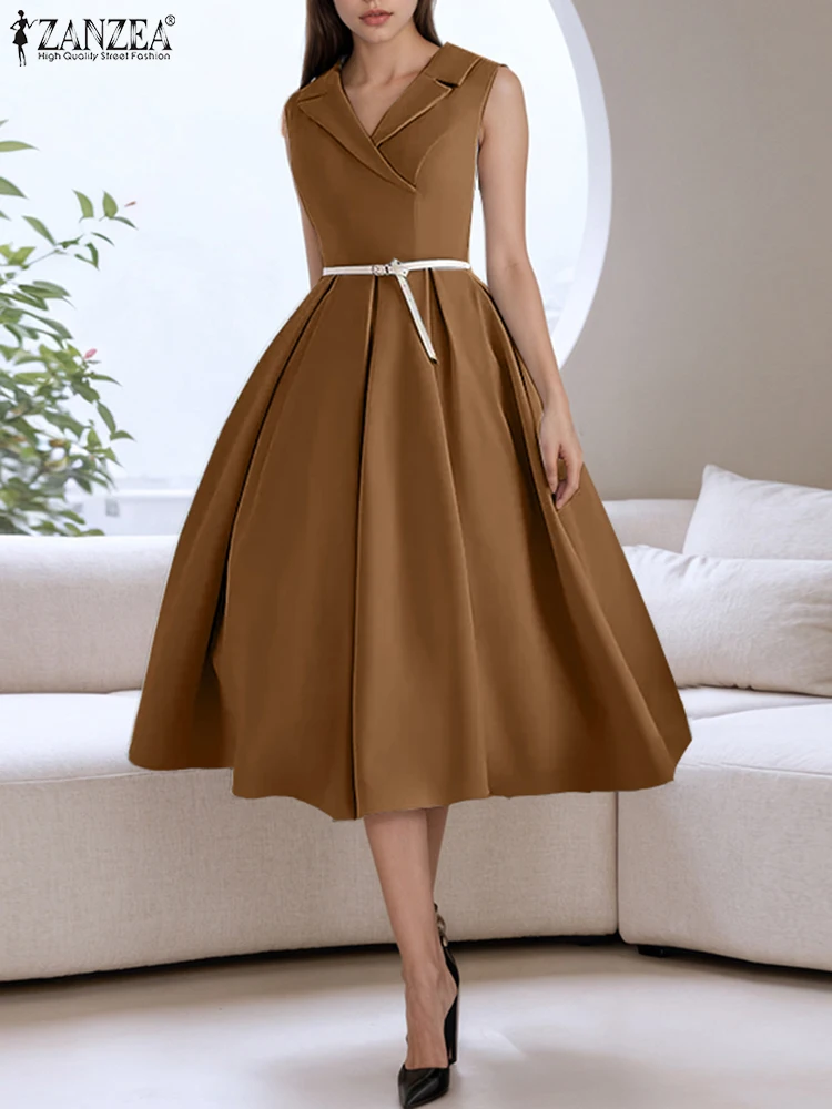 ZANZEA Elegant Party Dress แฟชั่นผู้หญิง V คอเอวชุด 2025 สไตล์ Solid สายทํางาน OL Sundress จีบ Vestidos Robe