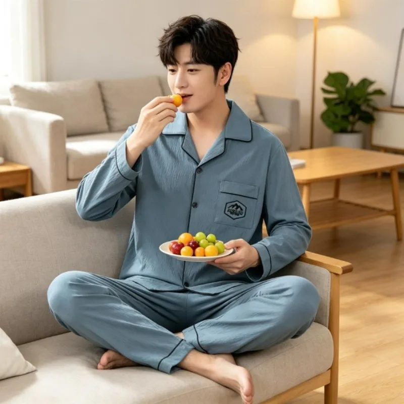 Men Pajamas Embroidery Letter Fashion Vintage 2 Piece Set Sleepwear Autumn Winter Casual Large Size Nightwear Home Clothes New