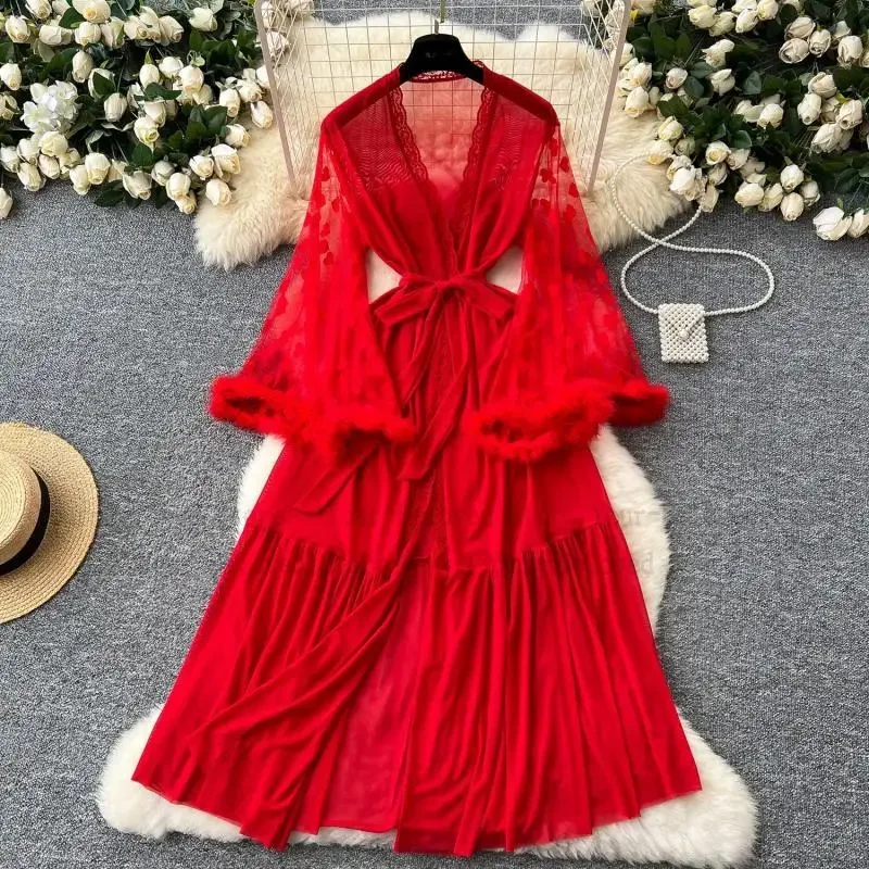 

Прозрачный халат в горошек с длинными рукавами и перьями, сексуальное ночное платье, женское сетчатое нижнее белье, ночная рубашка с длинными рукавами и v-образным вырезом, с поясом