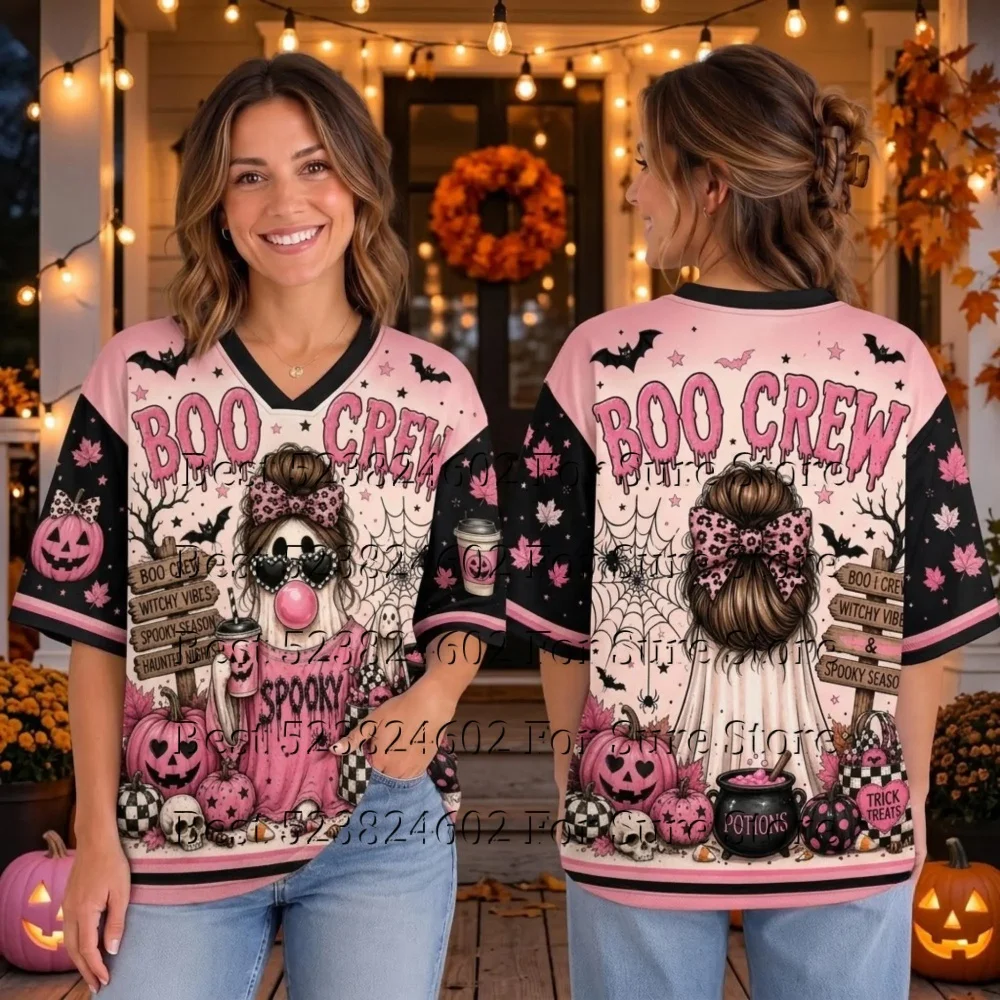 Halloween Spooky Squad Grafik-Mesh-Jersey-Shirt für Damen, Niedlicher Geist-Kürbis, V-Ausschnitt, Kurzarm, Locker, Sportliches Trick-Party-Outfit – Detail 5