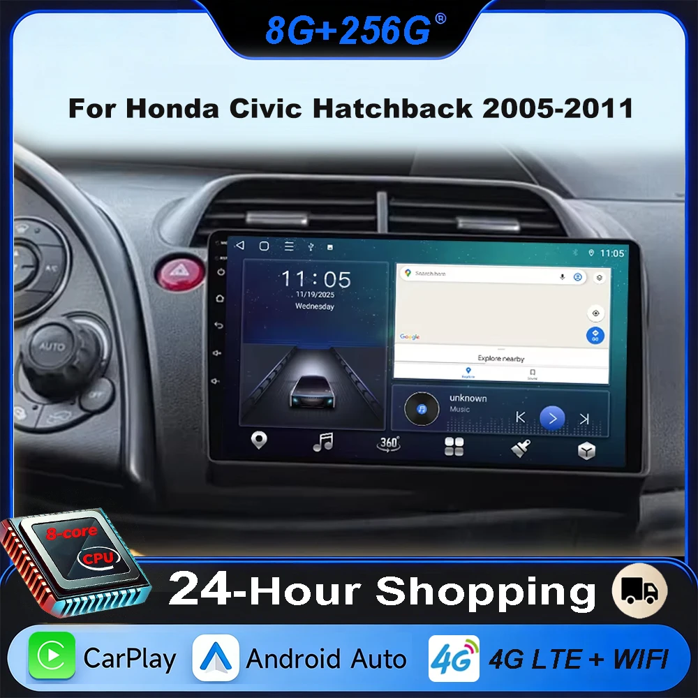 

9 "Android 14 Carplay для Honda Civic Hatchback 2005-2011 Автомобильный радиоприемник Мультимедийный видеоплеер GPS-навигация без 2Din DVD WIFI