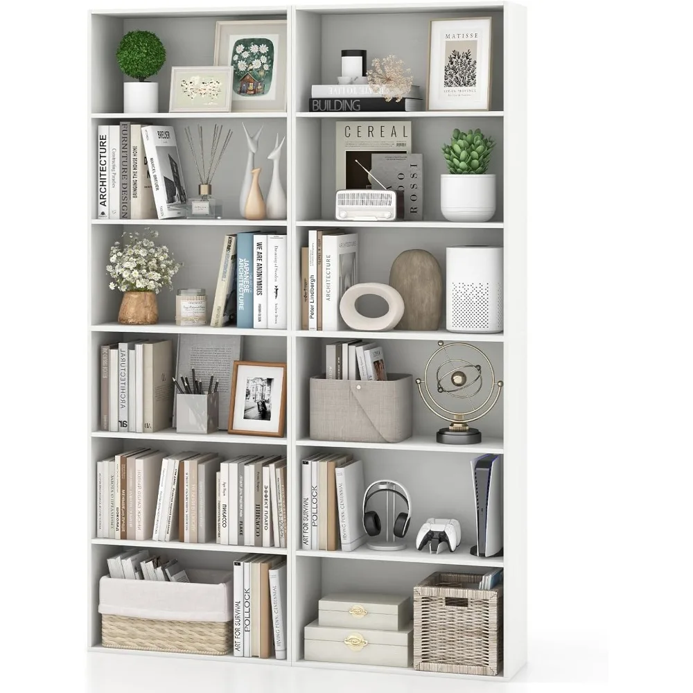 

6-Tier Bookcase, 70" Tall Wooden Bookshelf, Freestanding Storage Organizer w/Open Shelves, Anti-Tipping Kits, Modern Flo