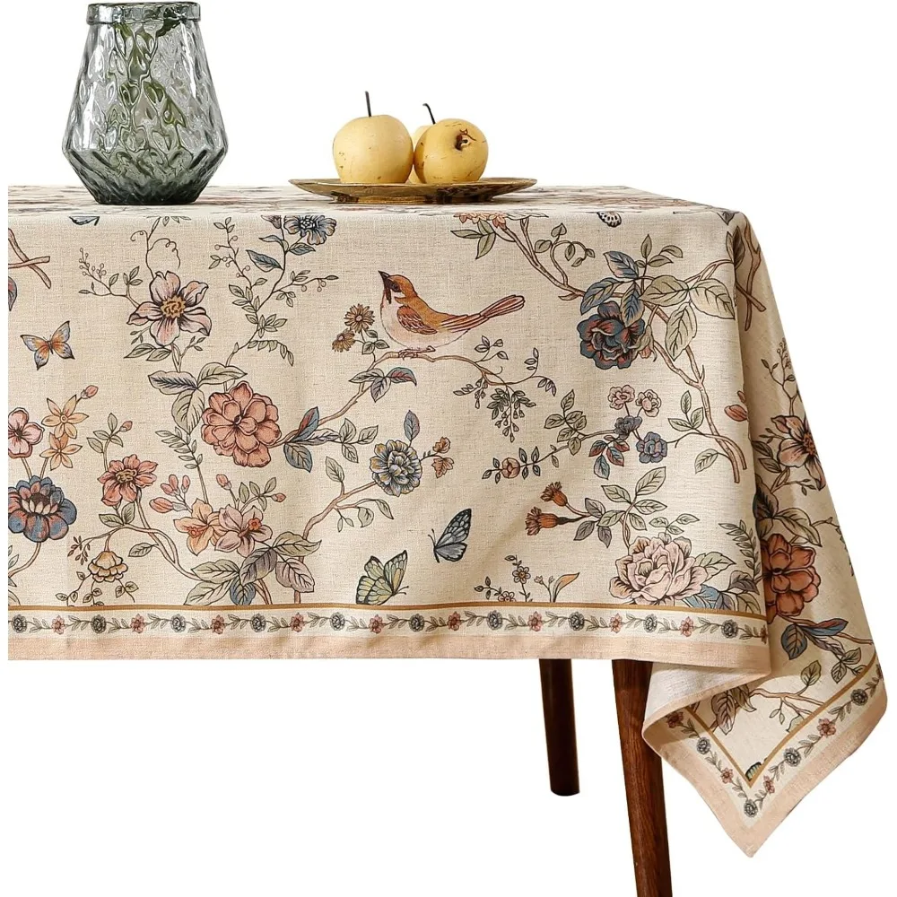 

ISAENNE Дизайнерская французская светло-бежевая маленькая прямоугольная скатерть, льняная скатерть с цветочным узором и птицами, декор против морщин