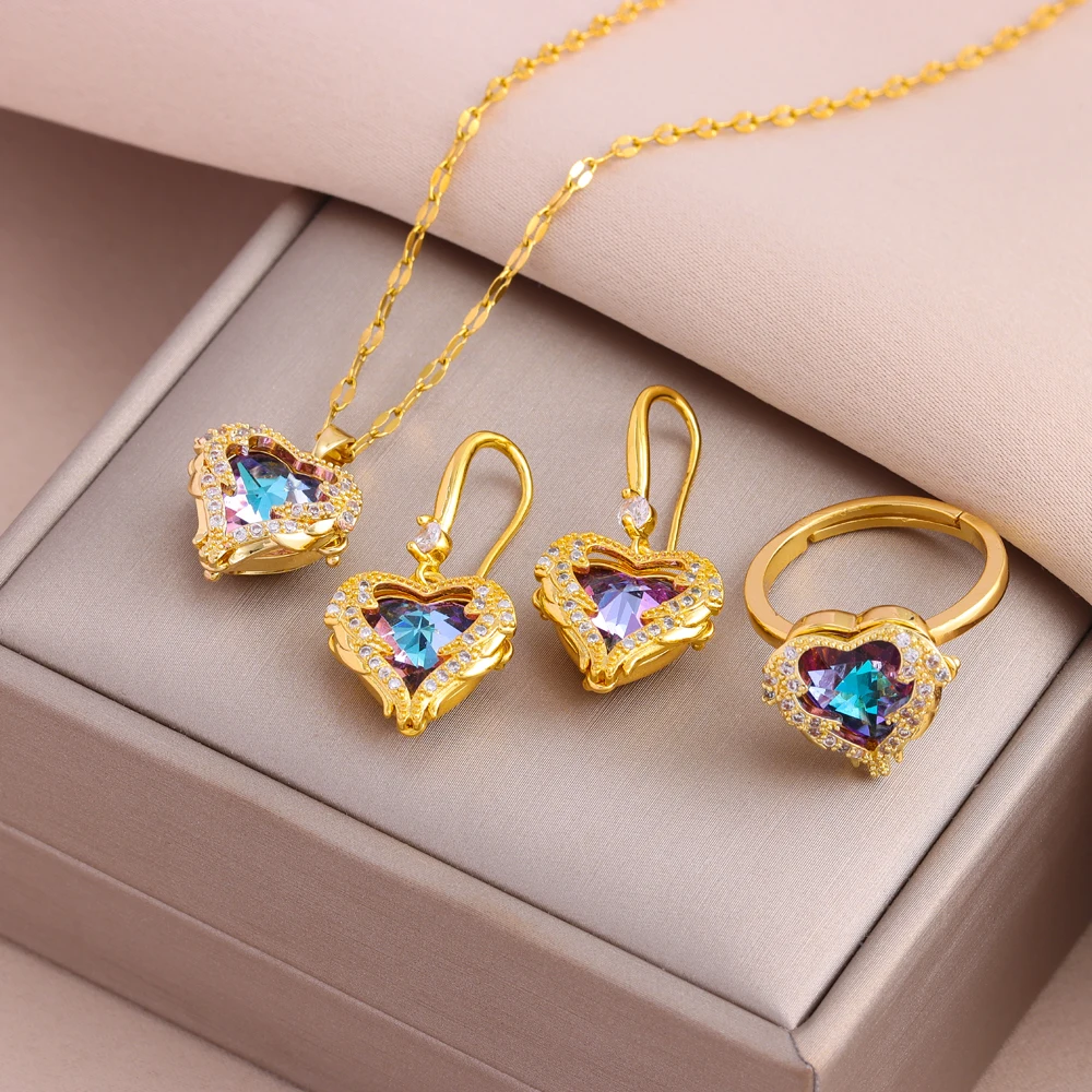 New Colorful Zircon Crystal Ocean Heart Pendant Necklaces Earrings Rings For Women Fashion Luxury Female Jewelry Set Wholesale