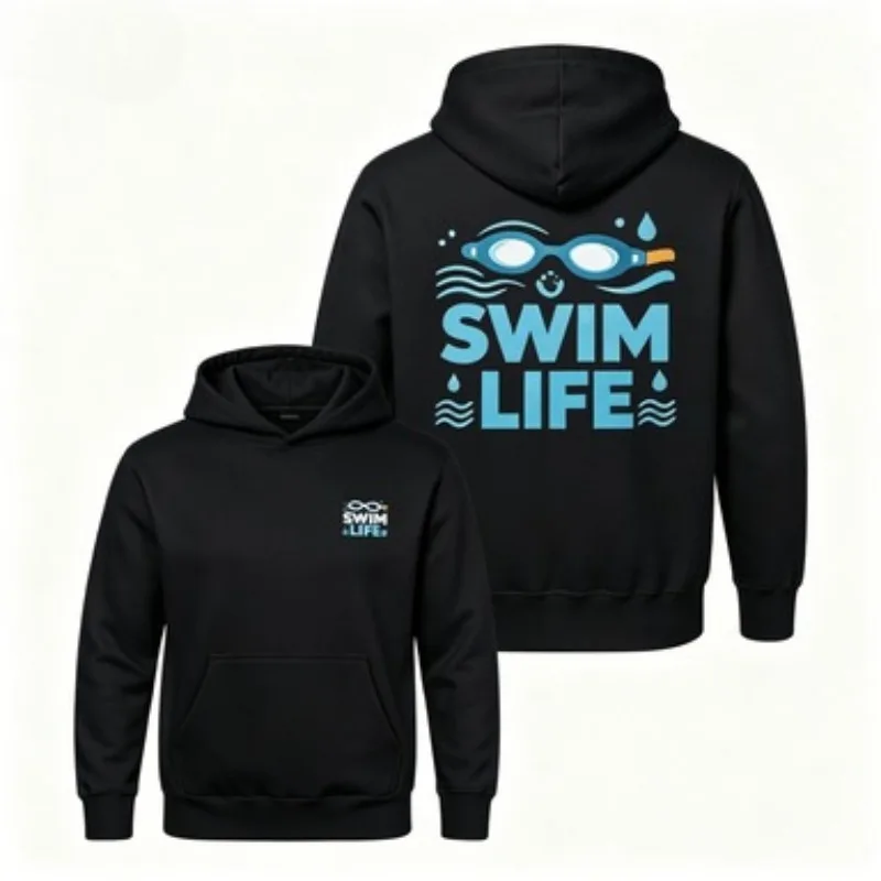Unisex Swim Life Graphic Hoodie No Drawstring Retro Swimming Sports Print Pullover Hooded Sweatshirt for Men Women