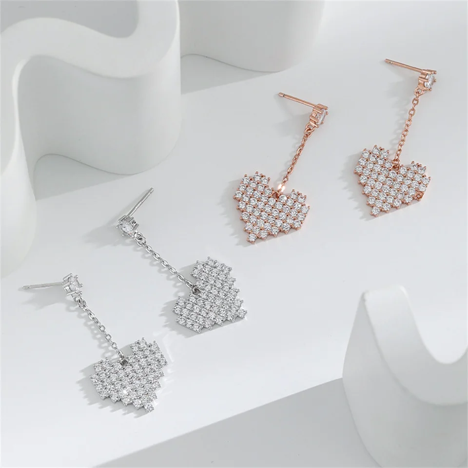 

New Heart-shaped Long Tassel Earring Niche Jewelry Gift Temperament Bohemian Luxury Full Diamond Heart-shaped Earrings For Women