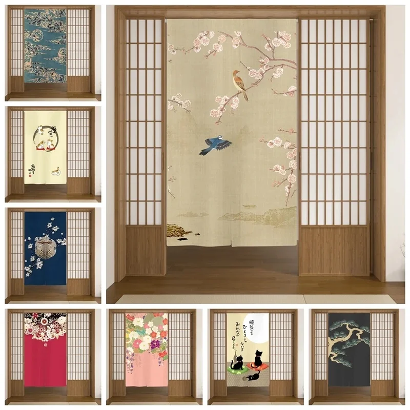 VIKAMA Chinese Style Noren Door Curtain Plum Blossom Bird Print Fabric Partition Curtain for Home Study Decor