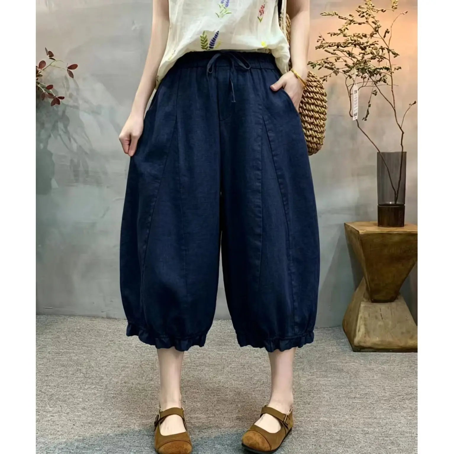 

High Waist Cotton Linen Casual Pants Women's plus Size Shorties Summer New Style Lantern Pants Harem Pants Straight Leg Pants
