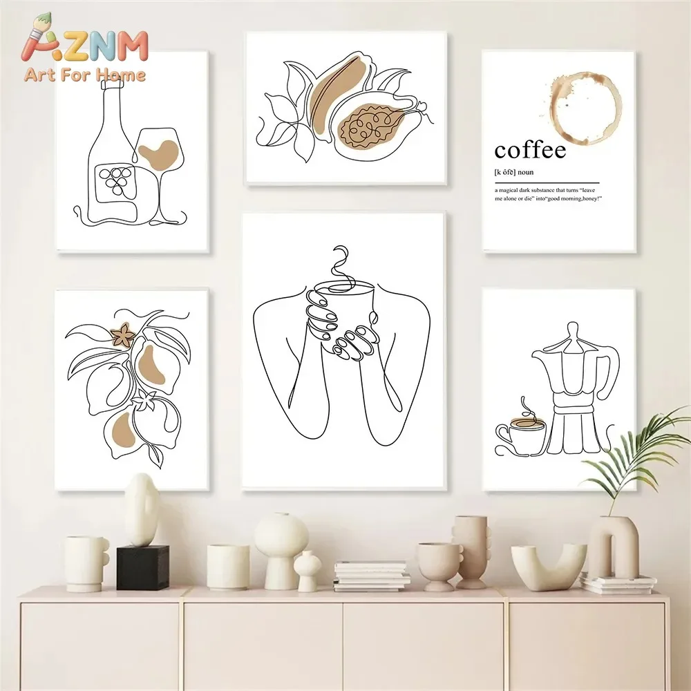 AZNM Minimal One Line Coffee Fruit Wine Canvas Wall Art Neutral Abstract Sketch Print Unframed Canvas Painting for Kitchen Cafe