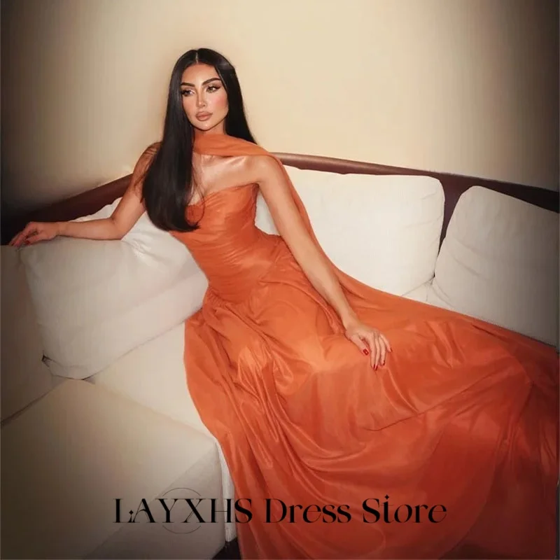 LAYXHS Elegante avondjurken Oranje strapless a-lijn sjaal plooi galajurken op maat gemaakte robes de soirée