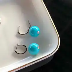 Handmade 12MM Natural Gemstone Turquoise Bead Earrings Drop Hoop Beaded Platinum Clip-on Bohemian Eardrop Wedding