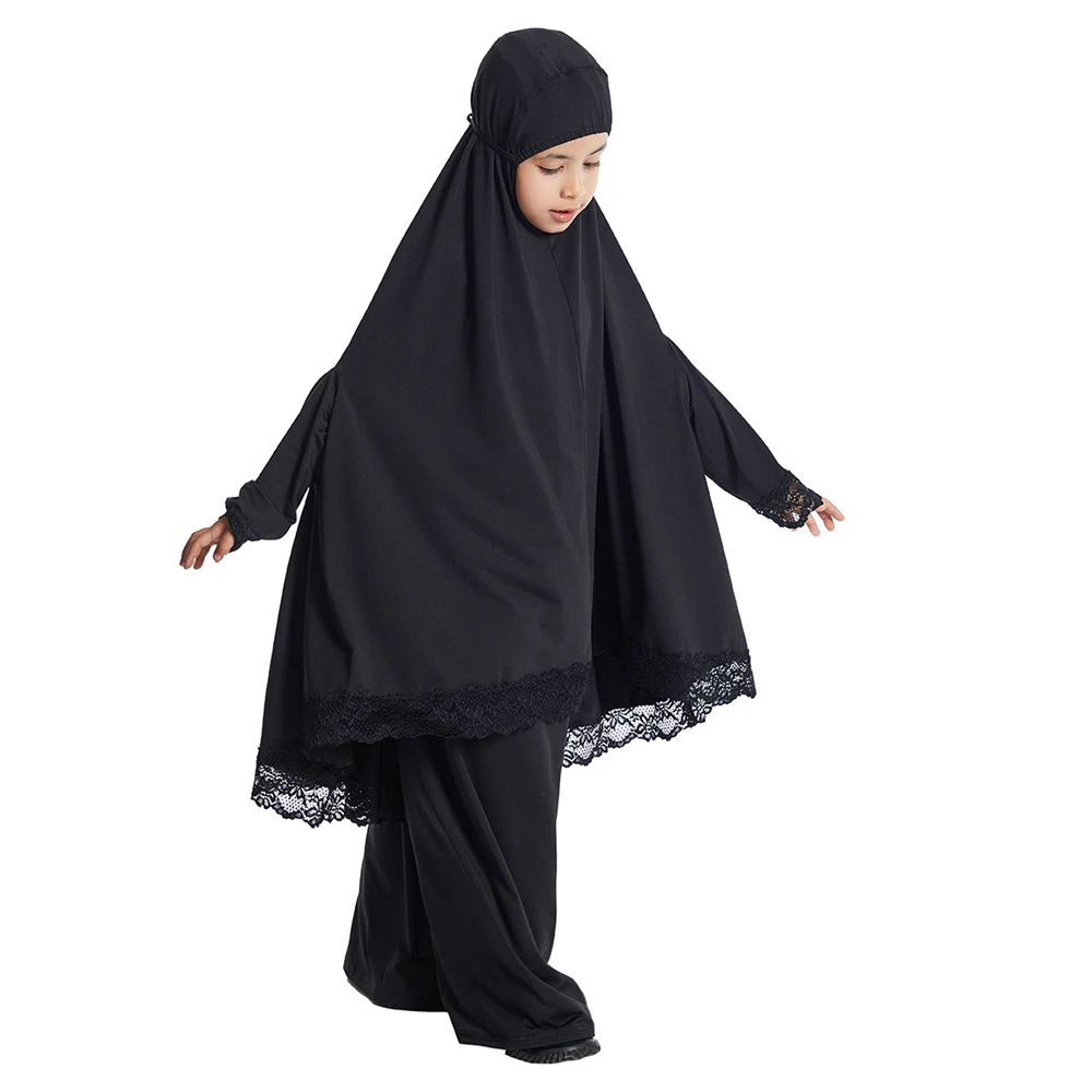 Ramadan Hooded Khimar Jalabiya Muslim Sets Kids Girls Hijab Dress Eid Lace Djellaba Abaya Robe Skirt Islam Prayer Garment Kebaya