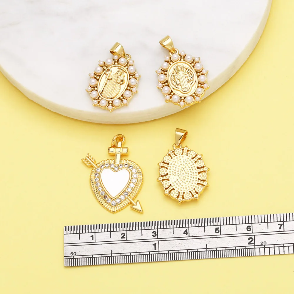 OCESRIO White Crystal Heart Necklaces Pendant Copper Gold Plated Pearl Virgin Mary San Benito Jewelry Making Supplies pdtb513