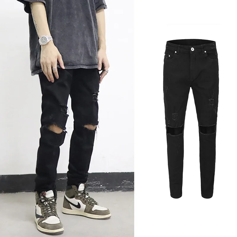 

High Street Washing Slim Fit Tight Elastic Black Hole Fashion Streetwear Men's Summer Women Ripped Jeans Denim Pants