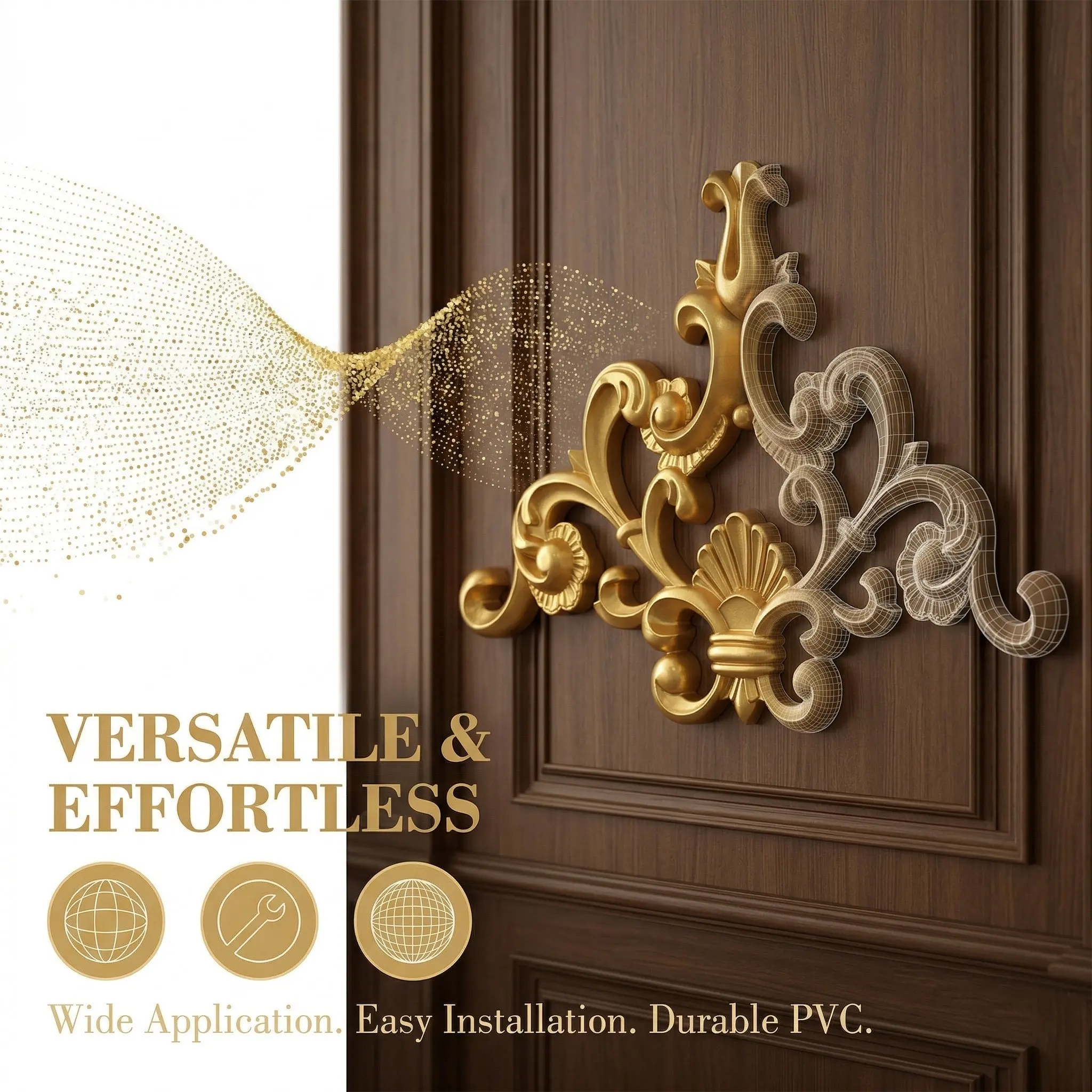European Design PVC Carved Flower Applique Wall Onlay Ornament for Ceiling Door Cabinet Wardrobe Furniture Background Wall