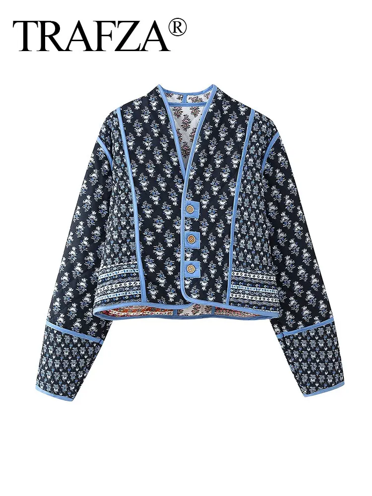 TRAFZA 2024 Female Autumn Fashion Reversible Cotton Jacket Long Sleeves V-neck Printed Quilted Patchwork Causal Chic Coats