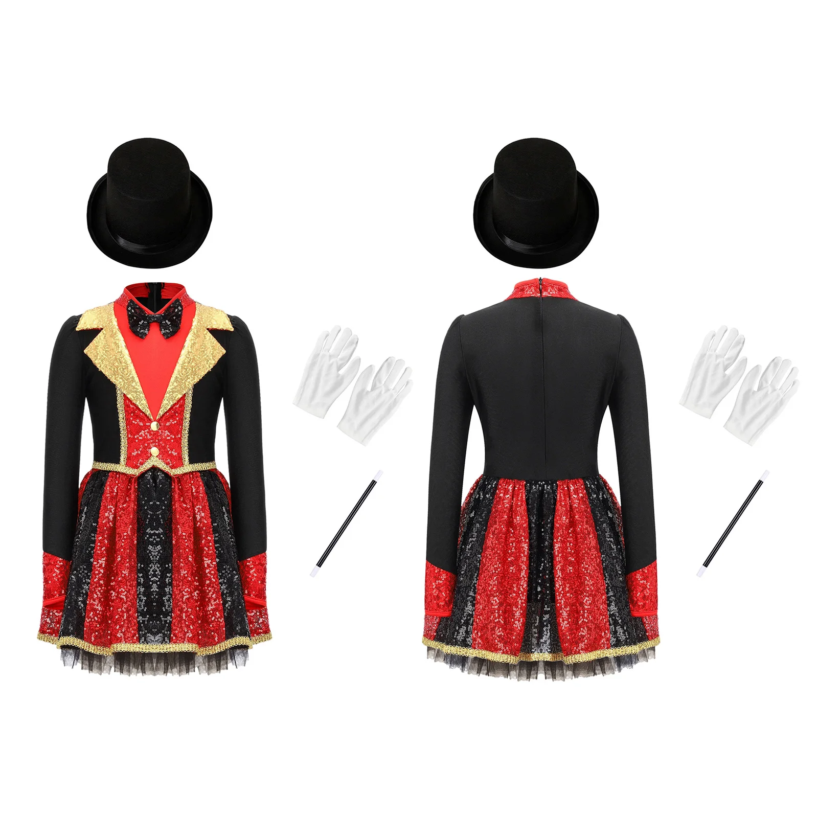

Girls Circus Ringmaster Magician Costume Halloween Outfit Sequins Long Sleeve Bow Tie Puffy Dress and Bowler Hat Gloves