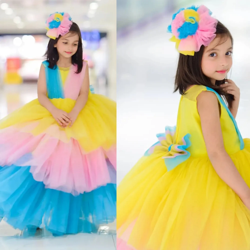 Luxury Flower Girl Dress Rainbow Gradient Tulle Sleeveless Ruffles Ball Wedding Bow Back Baby Girls Birthday Communion Gowns