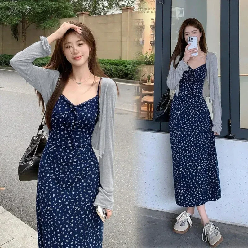 Temperament Floral Slim Set Midi Dress Summer New Thin All-match Printing Sweet Sexy Slip Dress Fashion Elegant Women Clothing