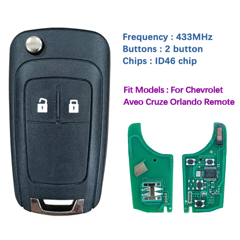 

CN014005 Aftermarket 2 Button Remote Flip Key Uncut Blade With 433MHz ID46 Chip For Chevrolet Aveo Cruze Orlando