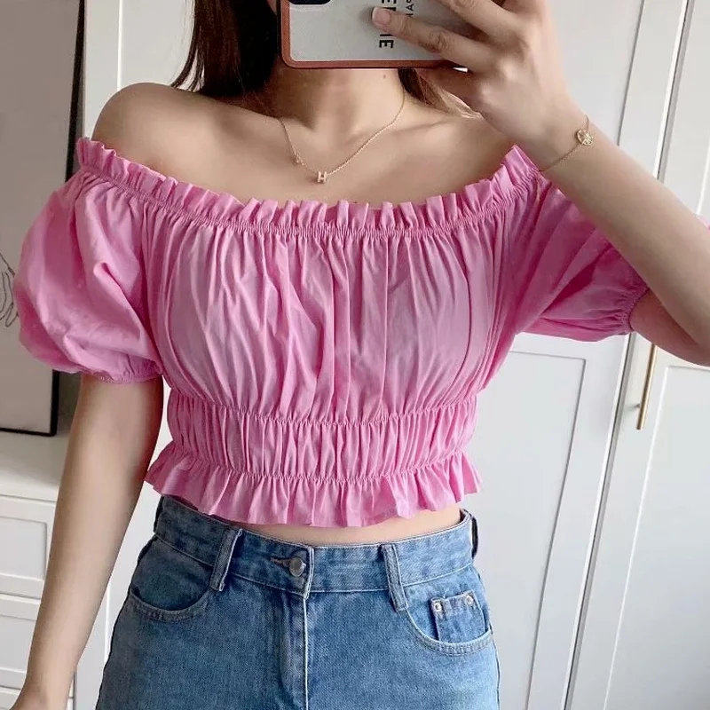 Off Shoulder Puff Sleeve Women 2024 New Blouse Shirts Crop Pink Top Summer Fashion Lace Up Ruched Blouse Blusas Mujer Tops