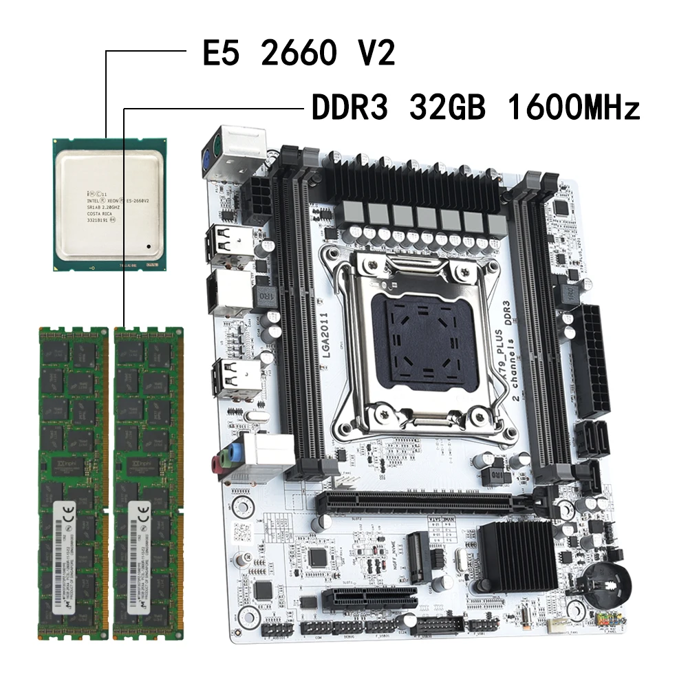 Conjunto de placa base X79 Plus LGA 2011 Xeon E5 2660 V2 CPU + 2x16GB RAM DDR3 Kit compatible con M.2 NVME NGFF Pc Gamer Combo