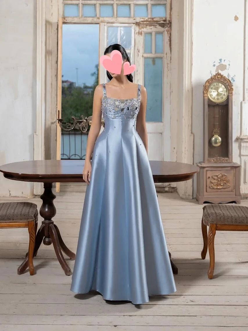 

Oisslec Prom Dresses Elegant Vintage Sweet Blue Satin Crystal Beads Fashion Formal Occasion Prom Dress Evening Party Gowns