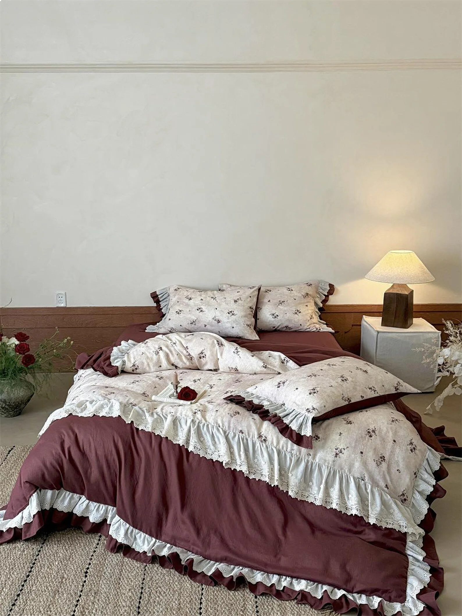 French Retro Cotton Gauze Duvet Cover Soft Lace Burgundy Bedding Queen King