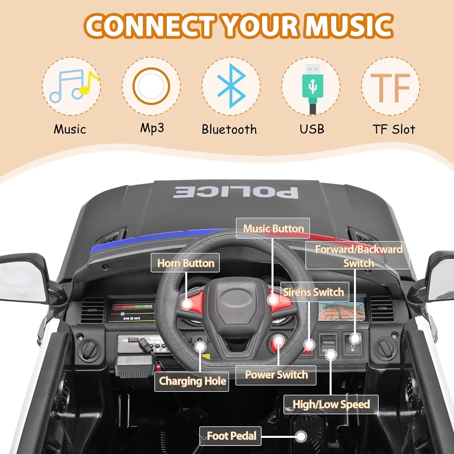 Samochód policyjny do jazdy na dziecięcym samochodzie Policjant dla dzieci do jazdy z pilotem dla rodziców 12V Duży samochód policyjny Zabawki dla chłopców Maluch Elektryczna policja
