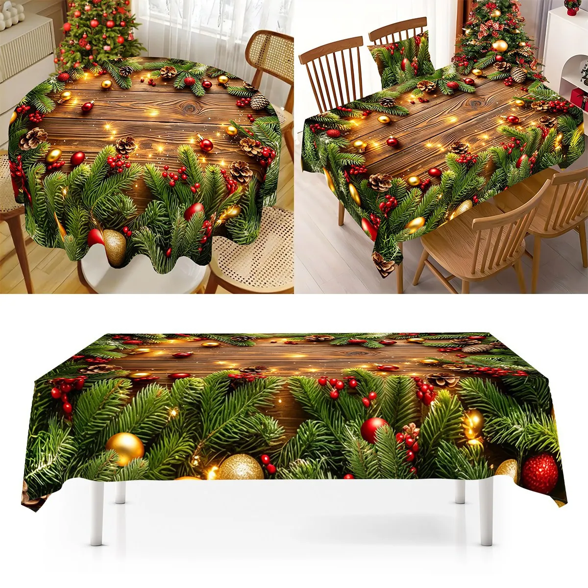 1pc Merry Christmas Table Cover Pine Leaves Design Polyester Tablecloth Christmas Decor for Home 2026 New Year Table Decoration