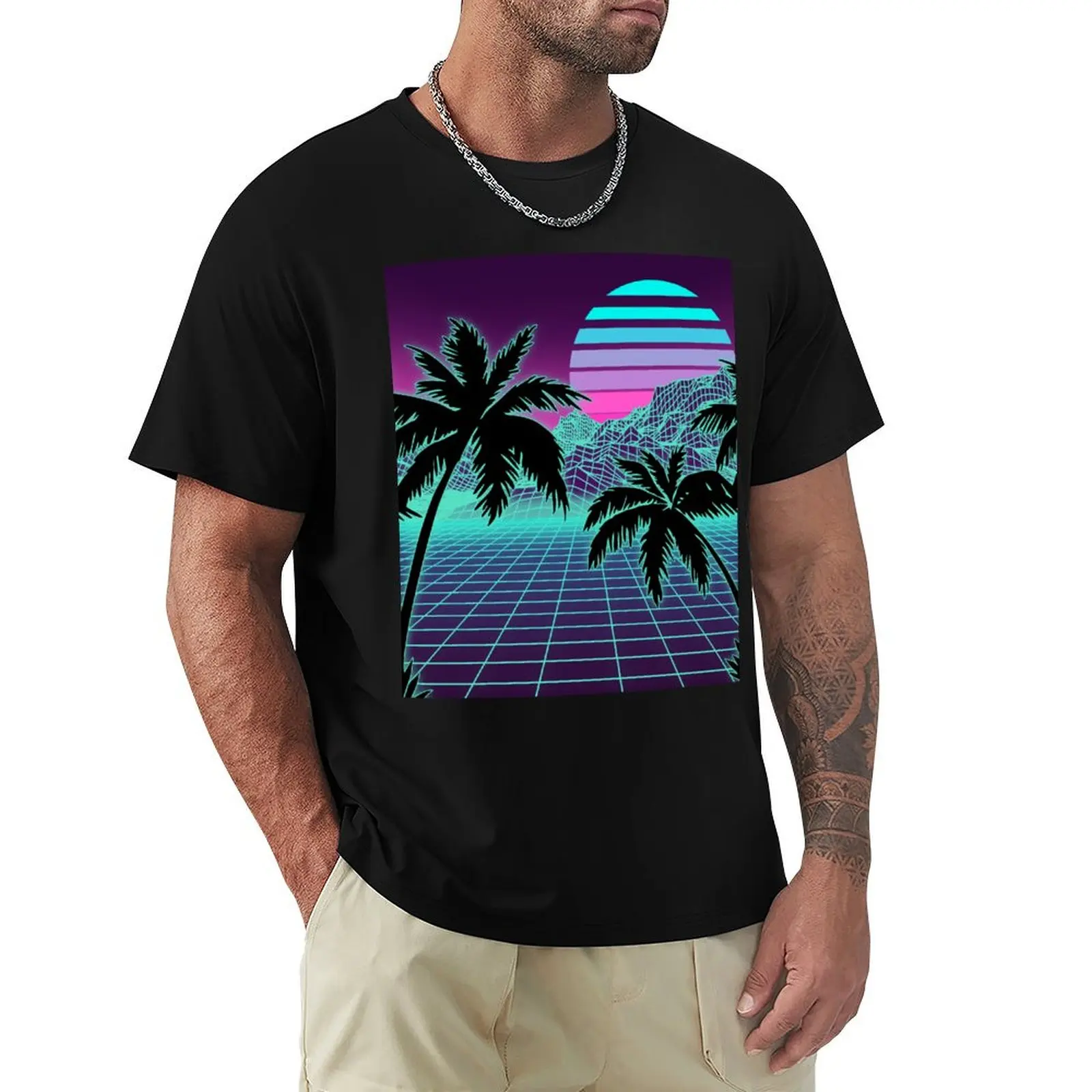 Retro 80s Vaporwave Sunset Sunrise With Outrun style grid print T-Shirt g man t shirts for men T-Shirt