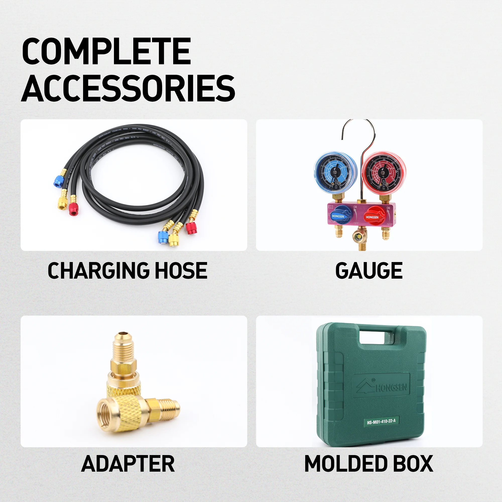 HONGSEN HS-M02 Air Conditioner Manifold Gauge Set Refrigerant Tools for R410A R32 R22 with Hoses Adapter