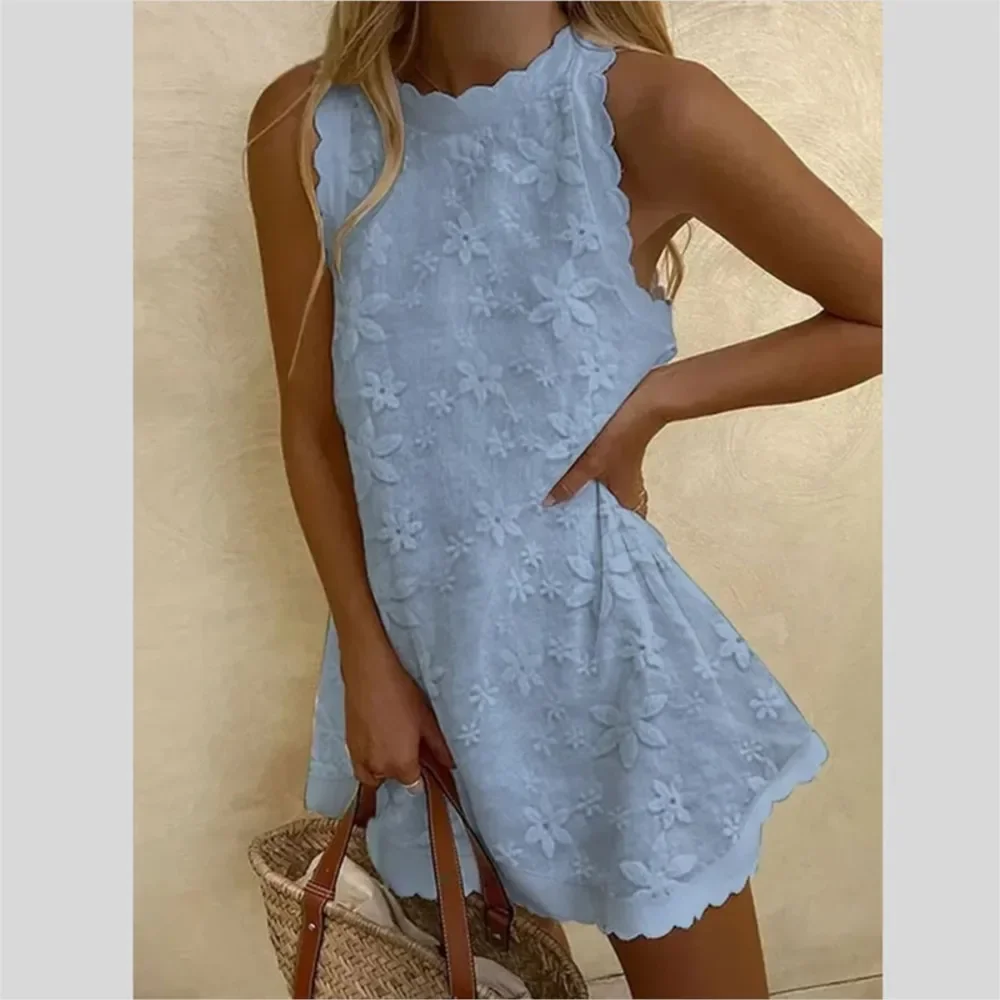 Casual White Lace Mi Dress Women Summer  Fashion Sleeveless Loose Chic Short Party Vacation Dresses Elegant Vestidos