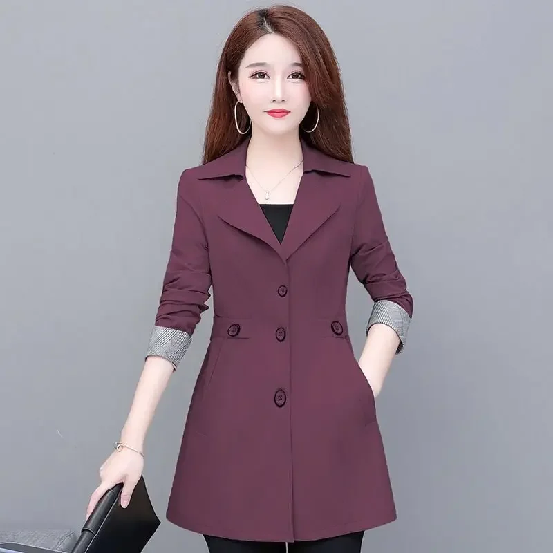 Women Spring and Autumn Fashion New Suit Collar Trench Solid Color Cultivation Button Pockets Splicing Versatile Mid-length Coat