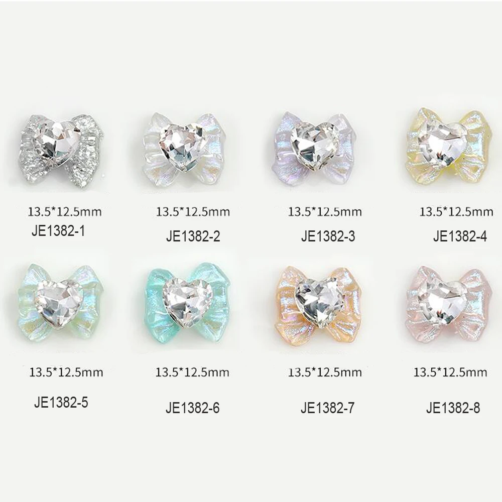 10pcs 3D Heart Diamond Bowknot Nail Charms Ice Transparent Bow Nail Art Decorations 13.5*12.5mm Love Gems Ribbon Nails Supplies
