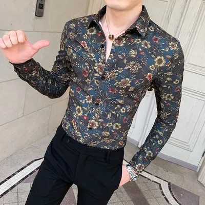 Lente Nieuwe Gepersonaliseerde Bloemenprint Lange Mouwen Shirt Voor Heren Mode Veelzijdige Slank Shirt Koreaanse Street Heren Kleding