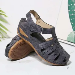 Sandalias redondas para mujer, zapatos informales cómodos para exteriores, calzado Retro de talla grande, 2024