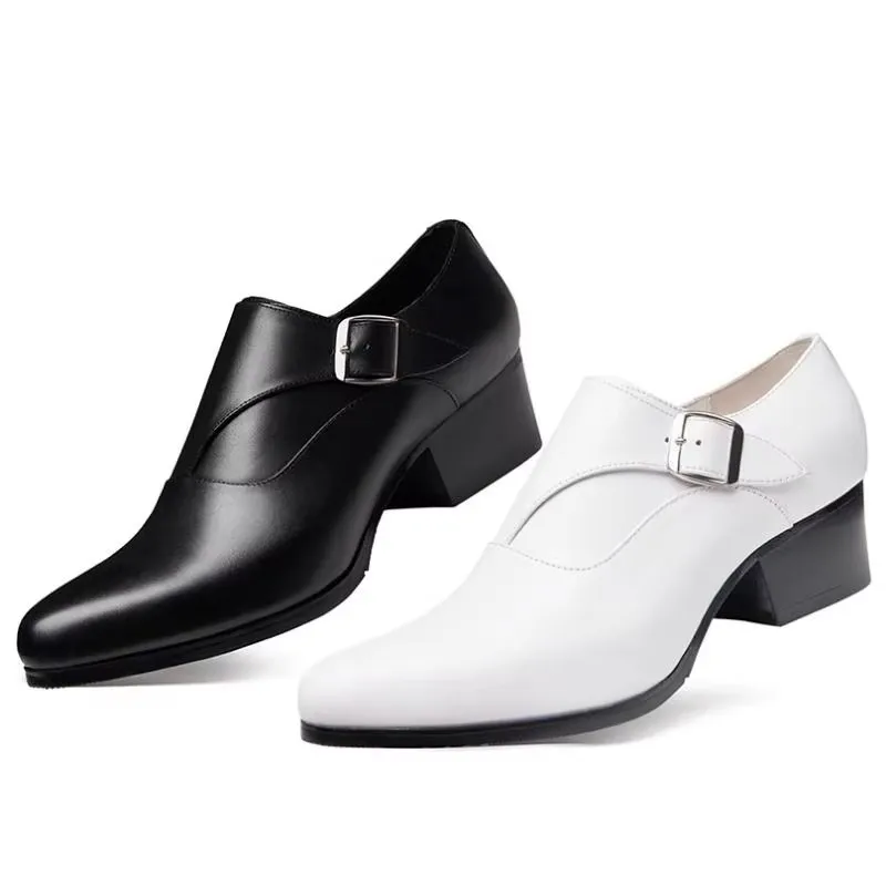 White Pointed Toe Genuine Leather Wedding Dress shoes Men High Heels Black Business Office Daily Work Height Increase Mens Shoe