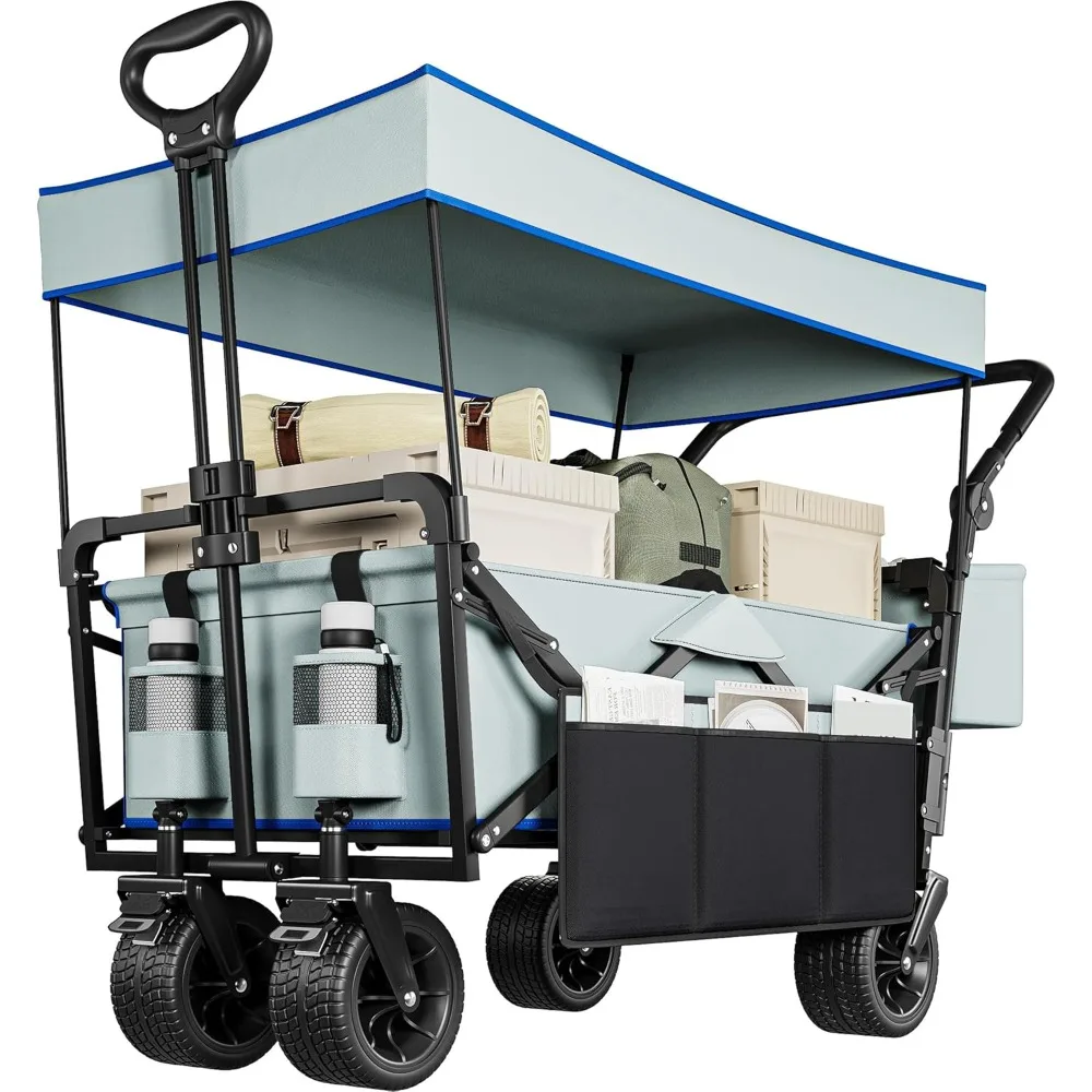 

Large Collapsible Wagon w/Removable Canopy, Heavy Duty Outdoor Folding Wagon Cart w/Adjustable Handles and Flexible Swivel Whee