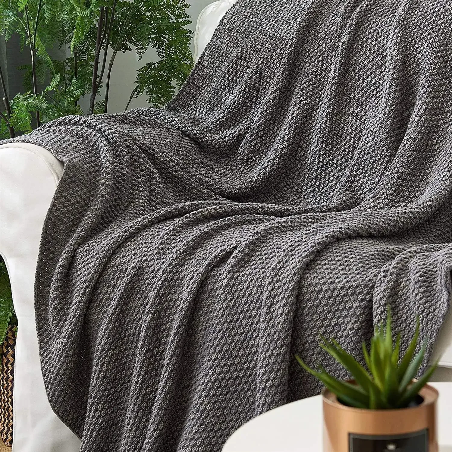 Grey Knitted Throw Blanket for Couch, Soft Cozy Machine Washable 100% Cotton Sofa Knit Blankets, Laundry Bag Included