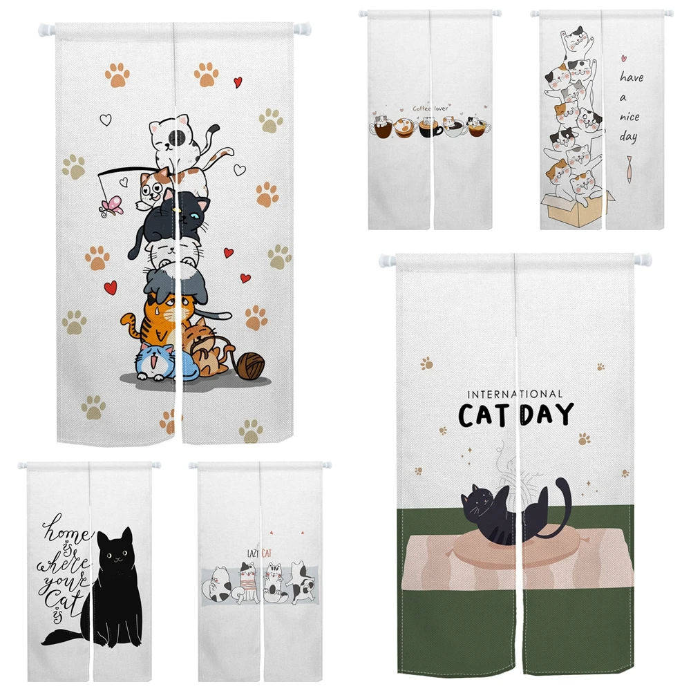 Cat Lover Japanese Door Curtain Adorable Stacked Cats Coffee Cat Print Room Divider for Cafe Pet Shops Home Decor Door Curtain
