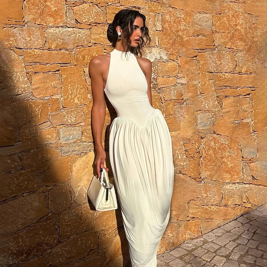 Sommerliches O-Neck Sexy Y2K Plissiertes Maxikleid Outfit Damen Mode Schulterfreies Ärmelloses Club-Party-Kleid Bodycon Strand-Urlaubskleid