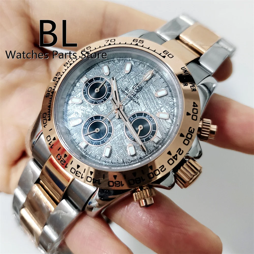 BLIGER Luxury Meteorite Dial VK63 Quartz Watch For Men 39mm Rose Gold Case Stainless Steel Sapphire Glass Sports Chronograph