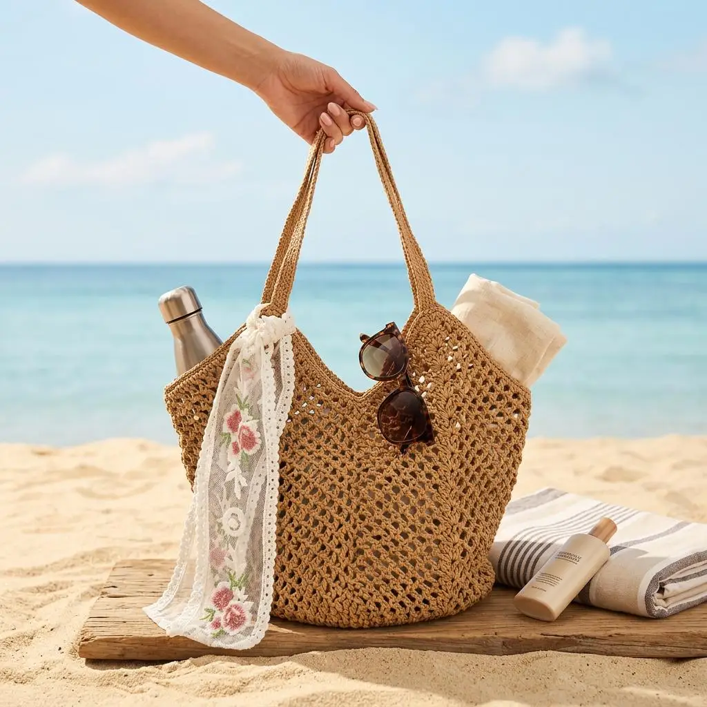 Women's Crochet Set (Tote Bag + Ribbon) 2-Piece Set, Large Capacity Hollow Woven Shopping Tote Bag with Fixed Shoulder Strap, Unlined, Suitable for Travel and Daily Use