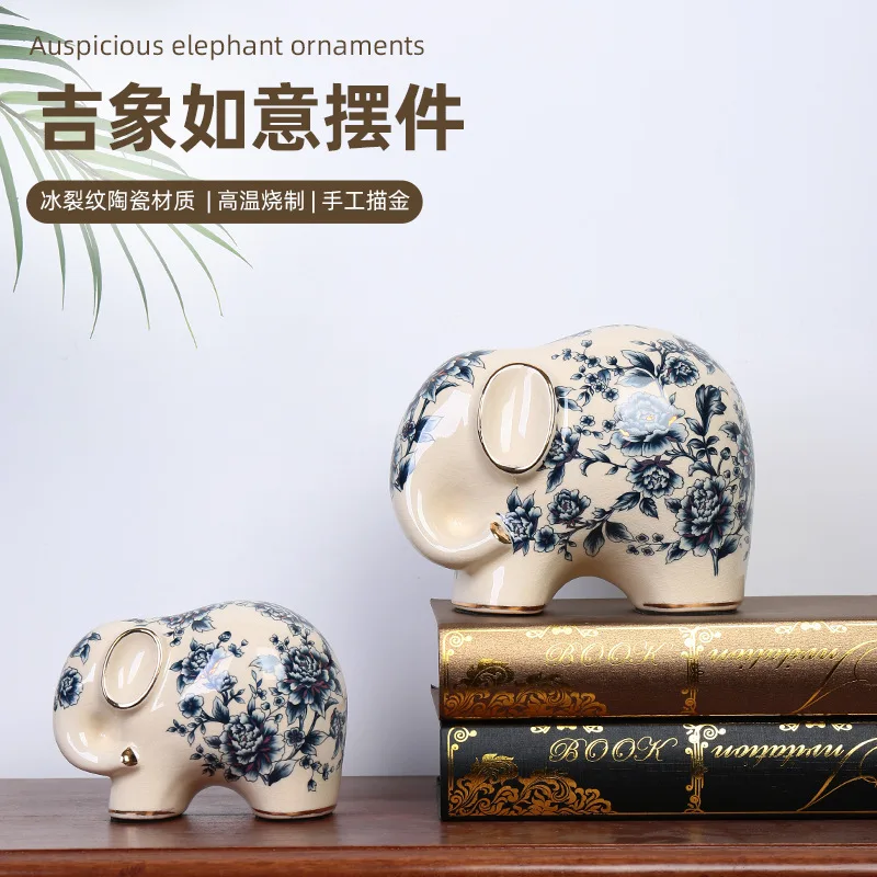 Painted blue and white, ice cracked elephant ceramic ornaments, American retro decorations, living room craftsmanship