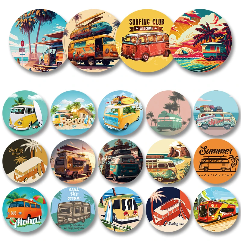 Summer Beach Retro Bus Round Poster Metal Tin Signs Surfing Time Metal Plaque Wall Decor for Surf Club Beach House Man Cave