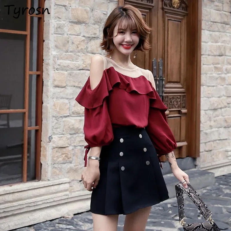 Women Sets Ruffles Design Off Shoulder All-match Office Lady Korean Fashion Patchwork Loose High Waist Streetwear Leisure Summer